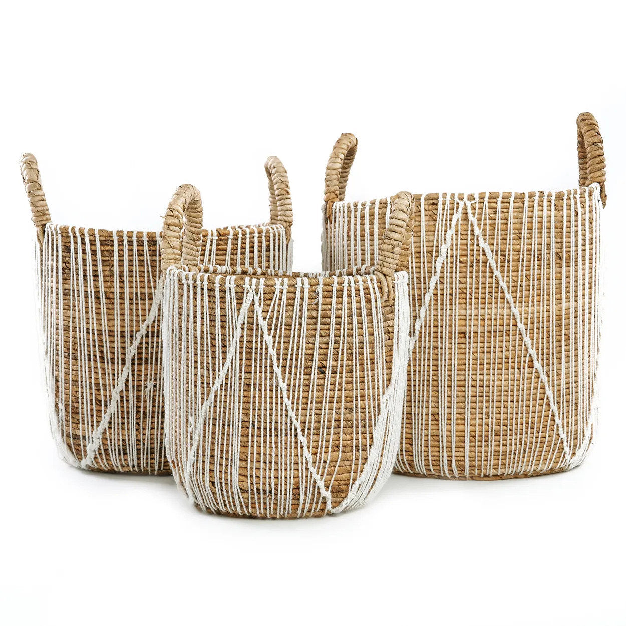 Macramé Mand Medium – zeegras met wit katoenpatroon in naturel