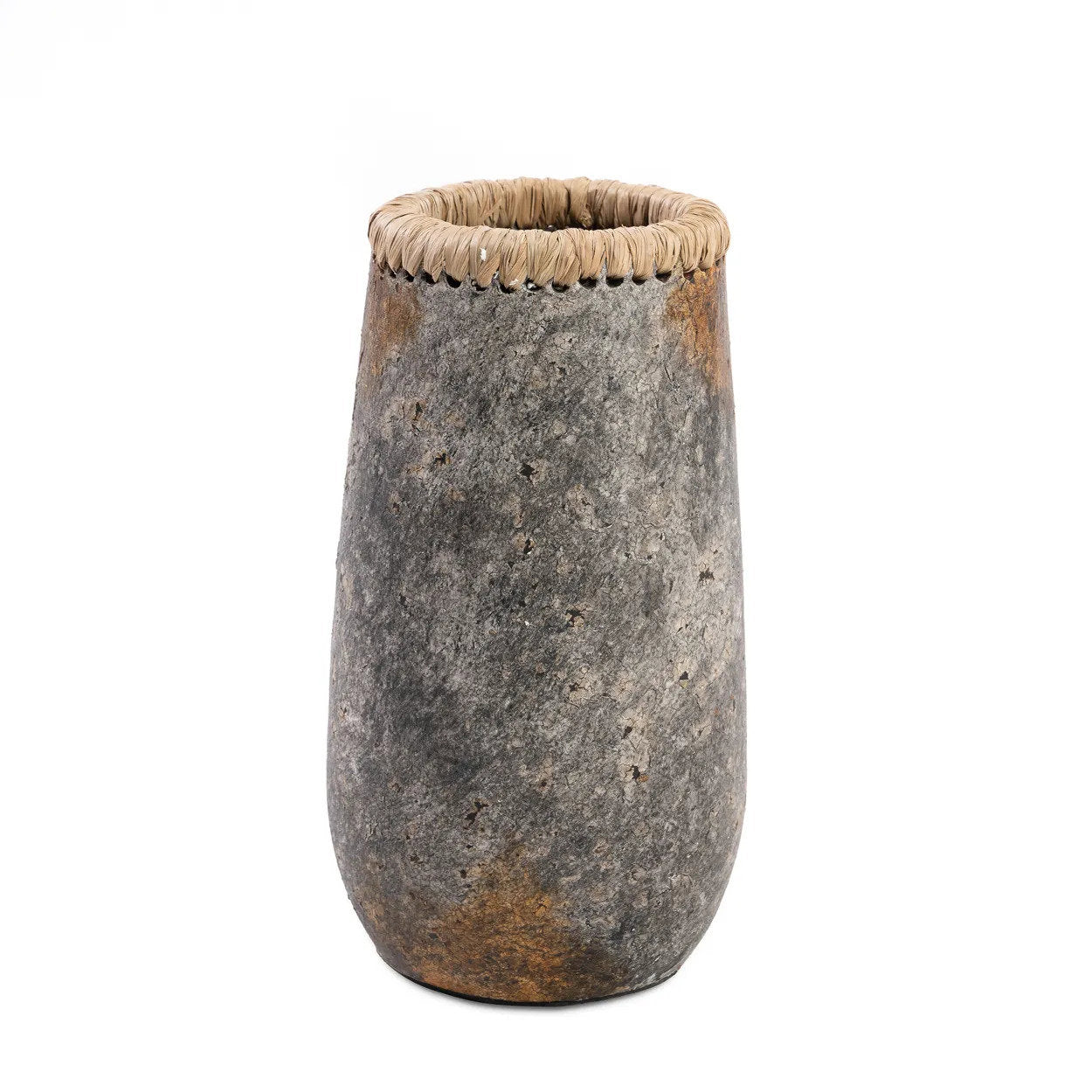 Antique Grey Vase – terracotta vase with raffia detail