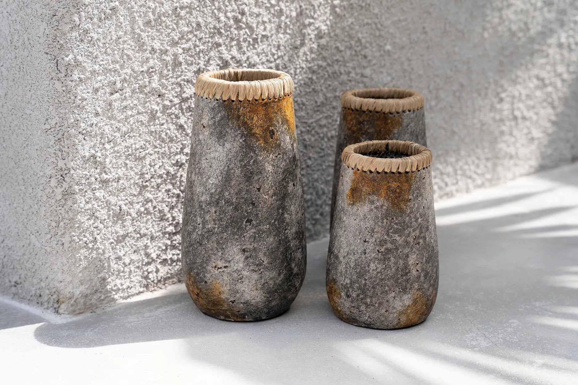 Antique Grey Vase – terracotta vase with raffia detail