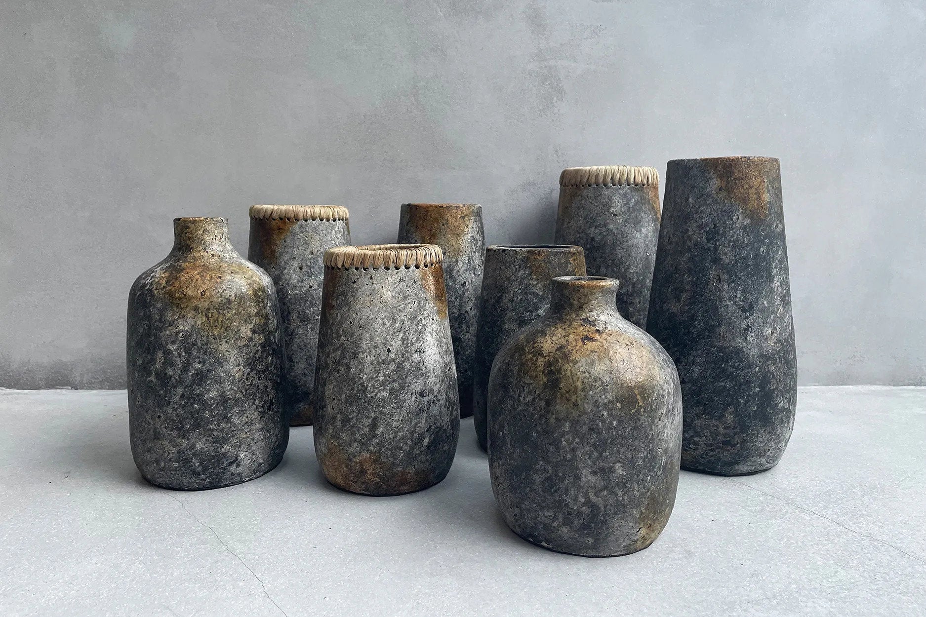 Antique Grey Vase – terracotta vase with raffia detail