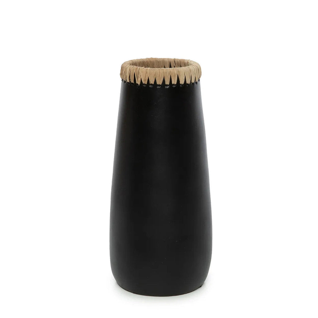 Vase Black Natural - terracotta with raffia details in black
