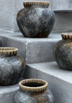 Antique Grey Vase – terracotta with raffia details in a rustic style