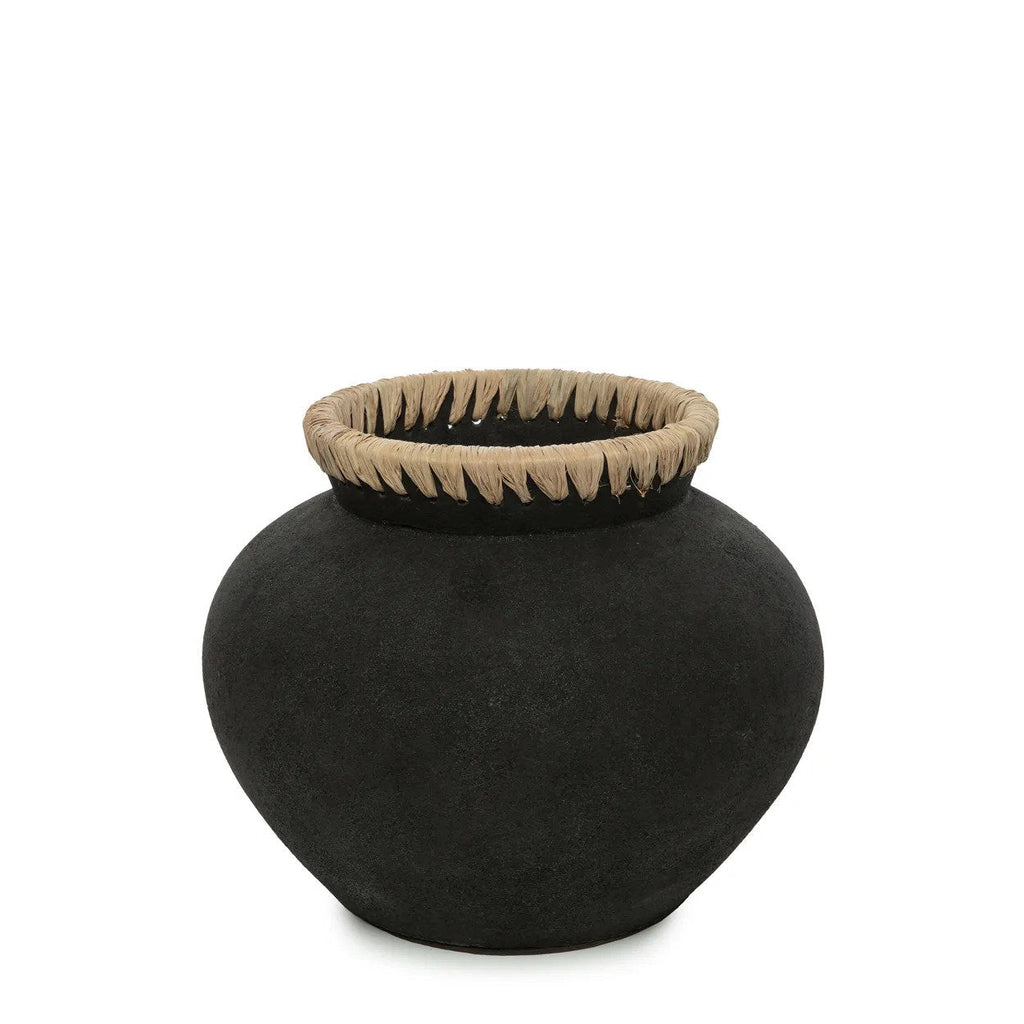 Vase M - terracotta with raffia detail in natural black