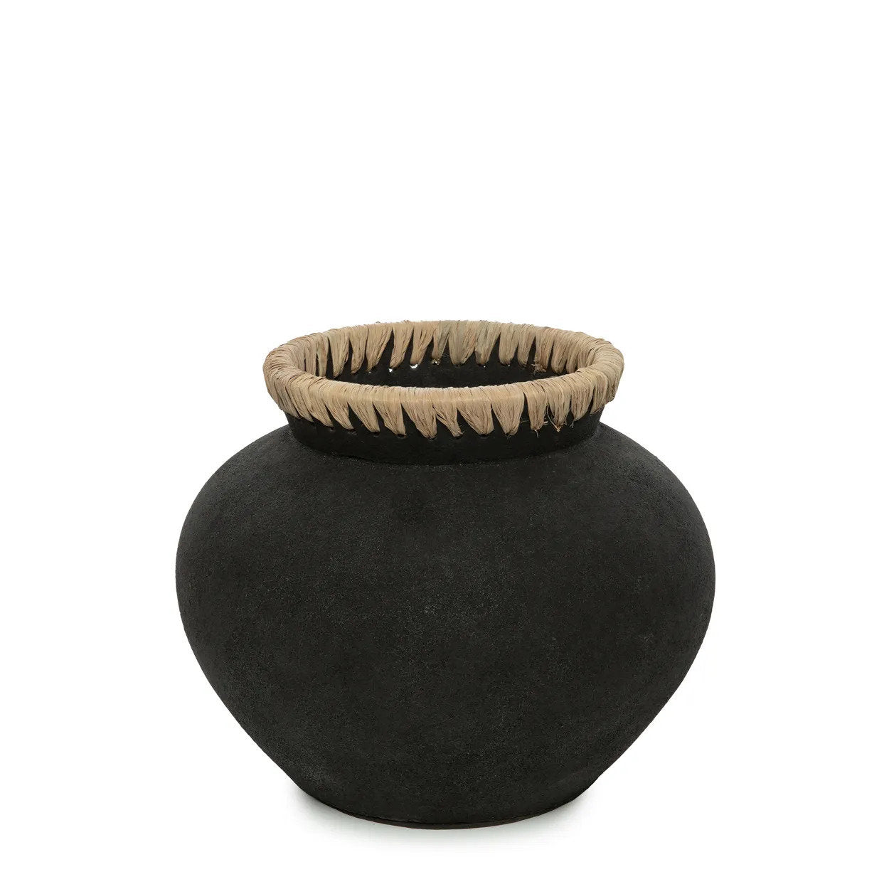 Vase M - terracotta with raffia detail in natural black