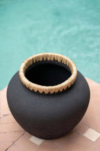 Vase M - terracotta with raffia detail in natural black