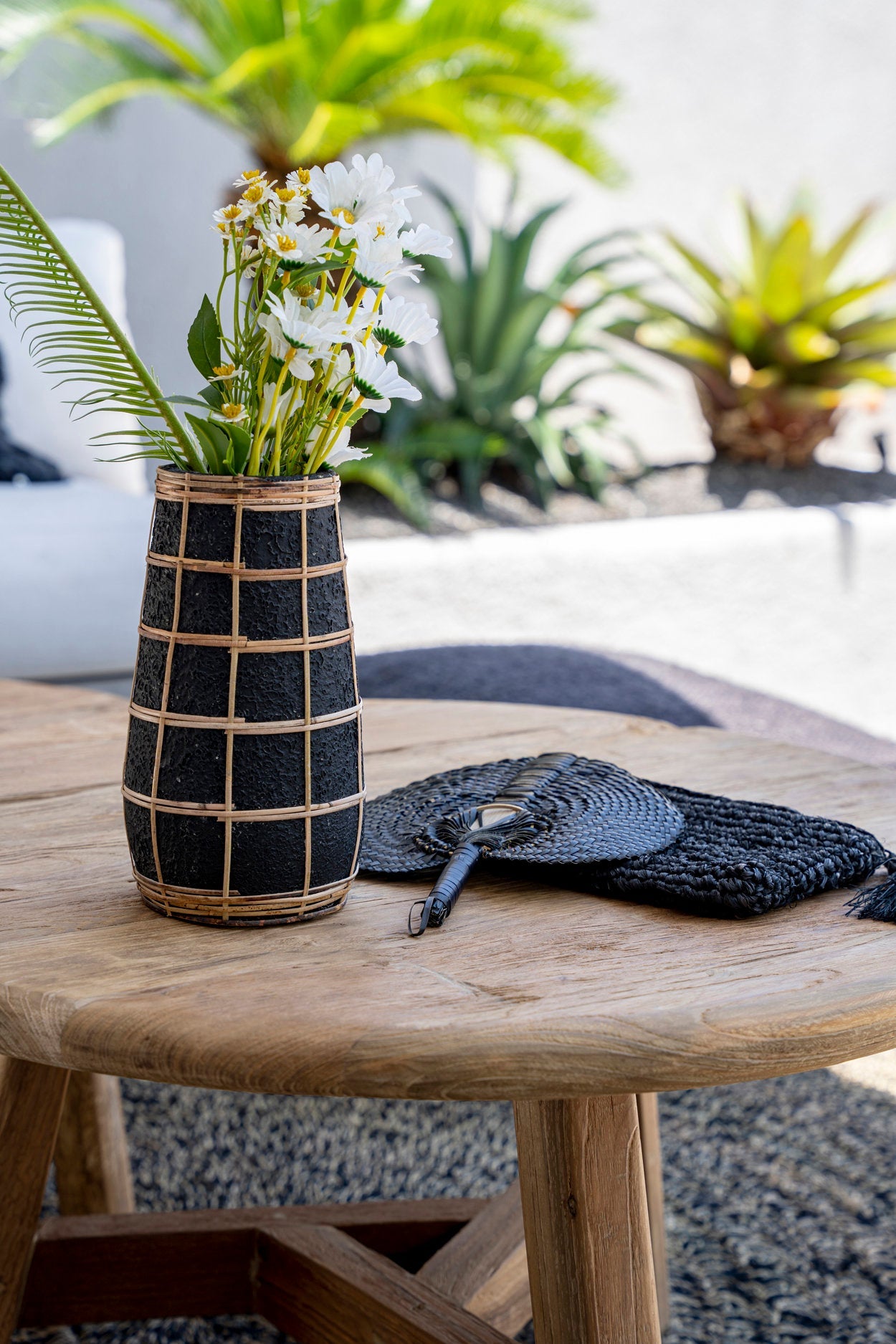Vase M – terracotta with rattan in black natural