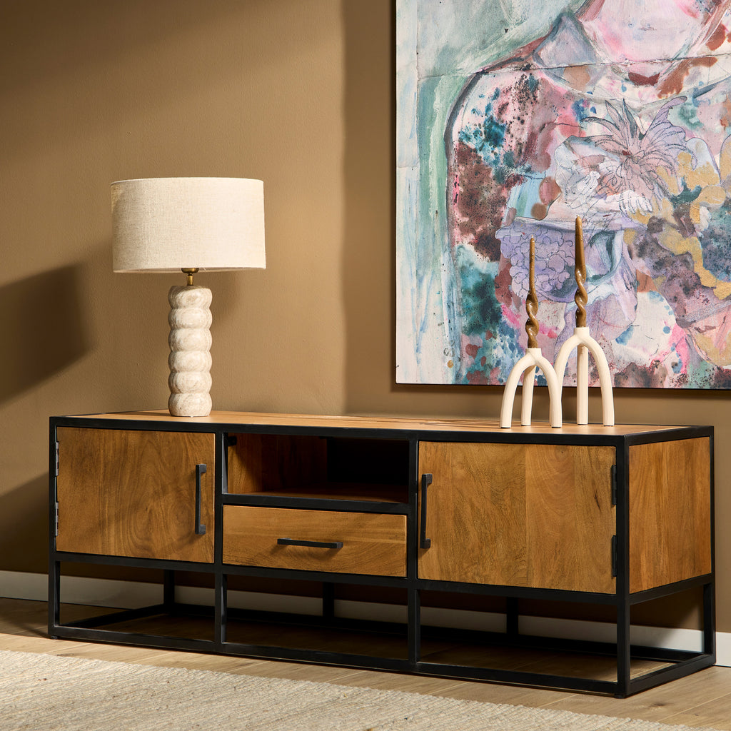 Tv-meubel Denver | Mangohout en staal | 145 cm