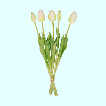 🌷 Tulip bouquet White/Green – 5 pieces – Real Touch – 42 cm