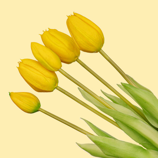 🌼 Yellow Tulip Bouquet – 5 pieces – Real Touch – 42 cm